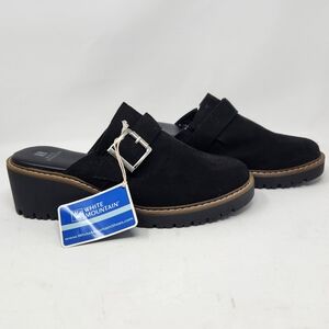 White Mountain Daring Wedge Mules Textile Upper Black Faux Suede Womens 8.5M